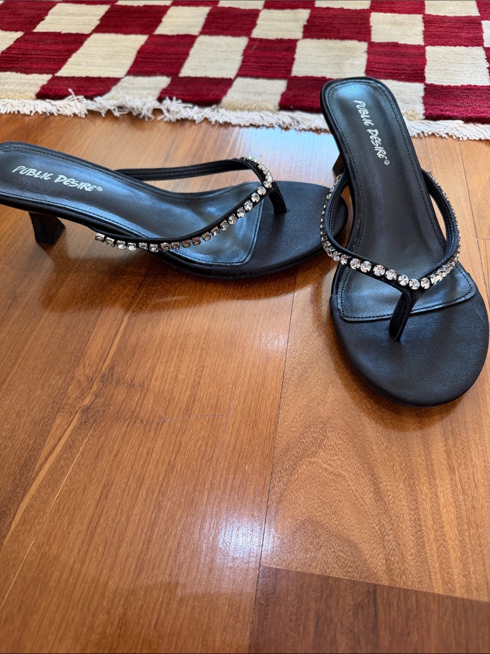Public Desire Black Rhinestone Thong Heeled Mules